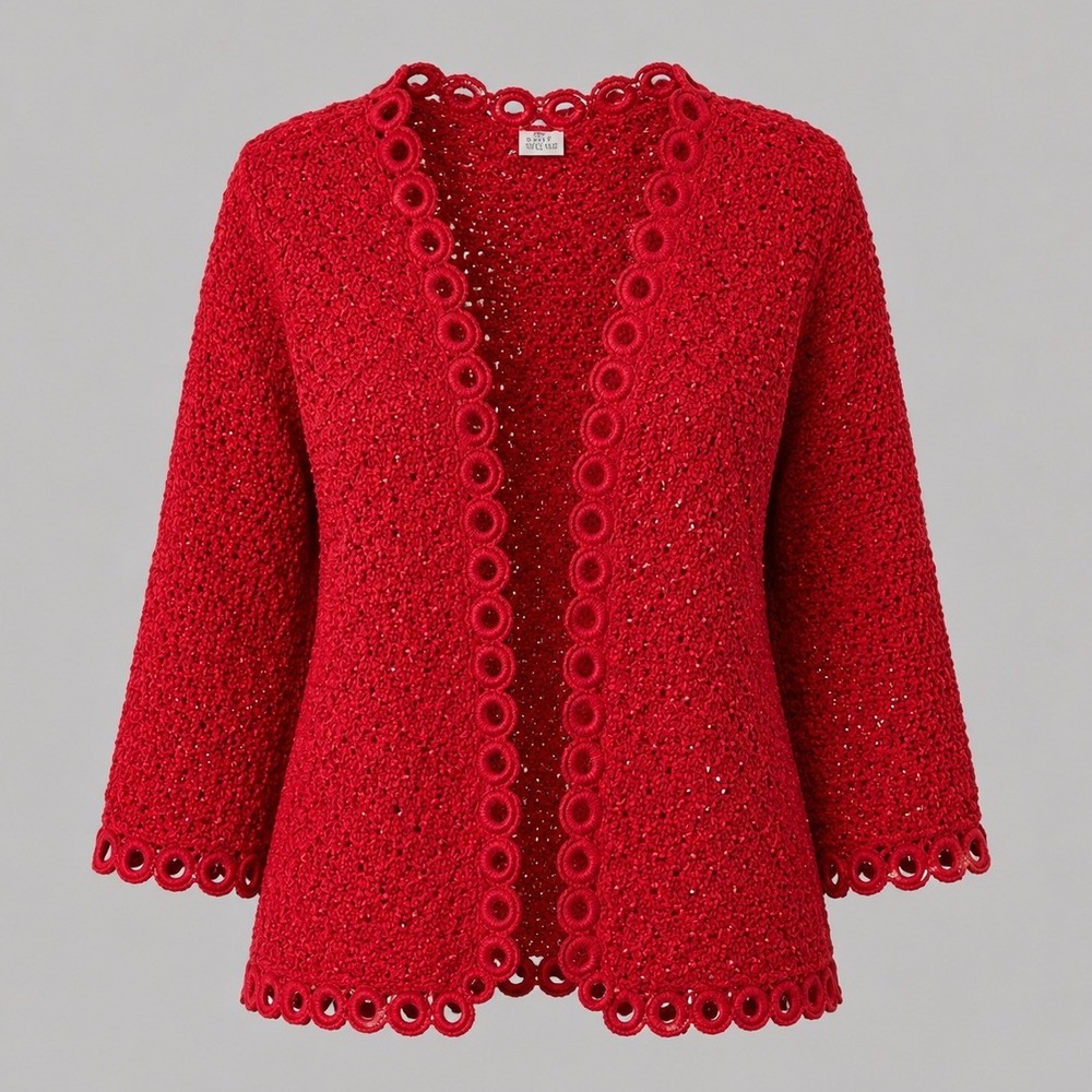 Red Beaded Crochet Cardigan Open Knit Ring Trim 3/4 Sleeve RN 80483 Medium‎
